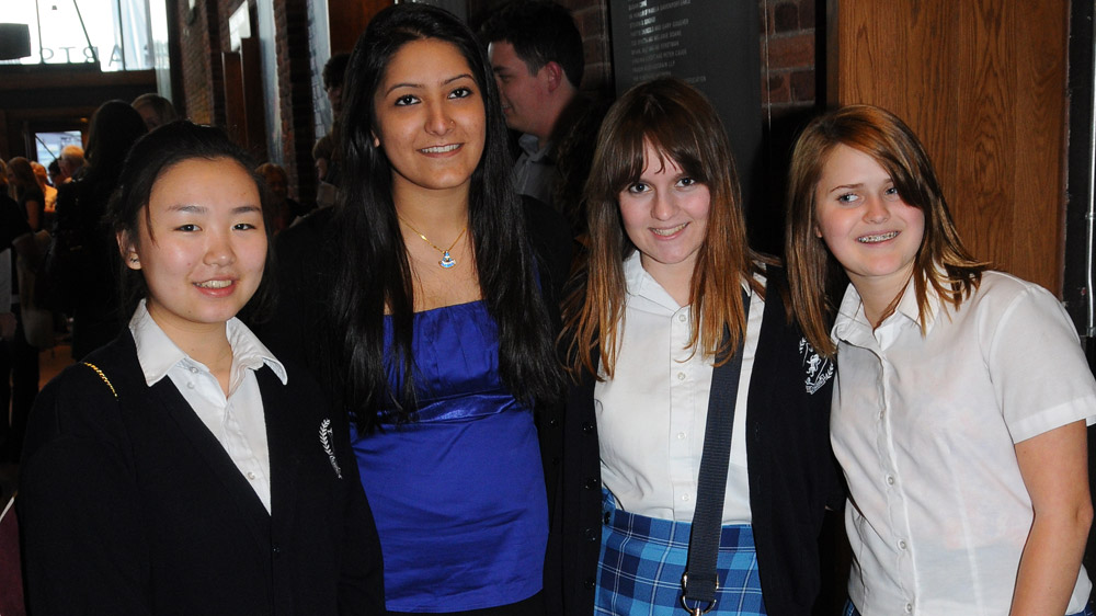 Students from Trafalgar Castle School arrive to cheer on their classmate, Poetry In Voice finalist Malvika Chowdry (centre).